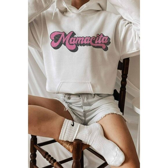 Gildan Tops - MAMACITA GRAPHIC HOODIE Women's White Pink Sweatshirt Pull Over Slogan New